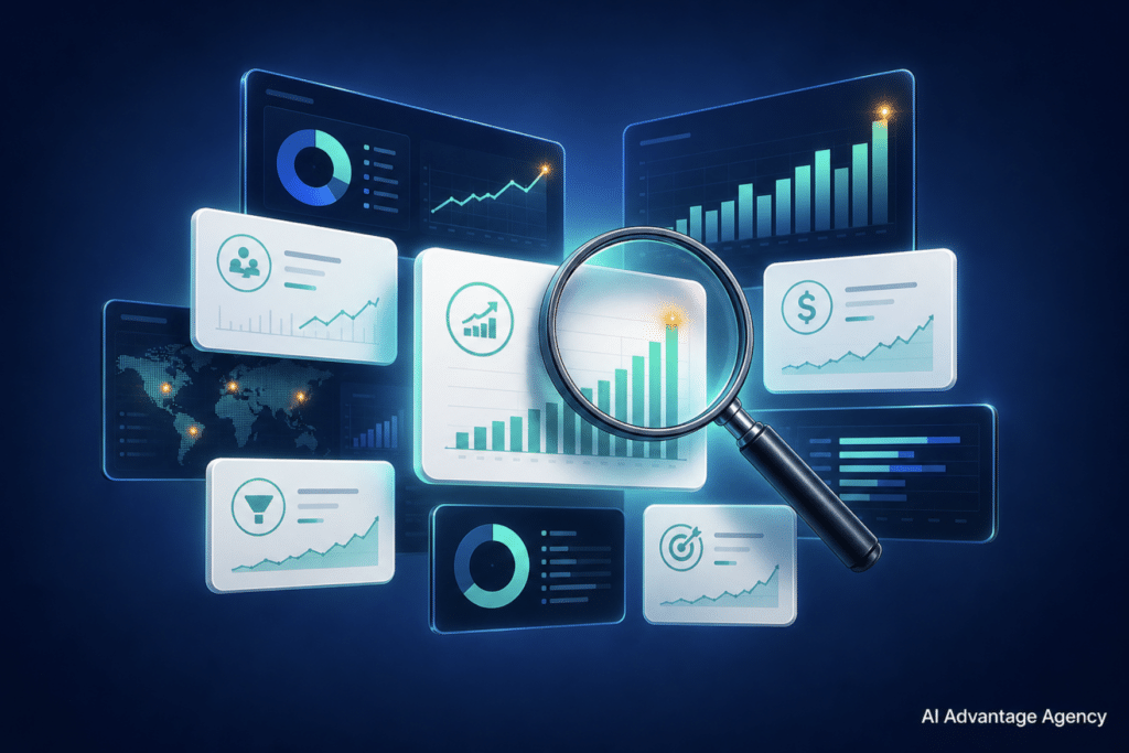 Paid social KPIs — glowing ecommerce dashboard panels and metric cards with teal data bars on a medium blue background