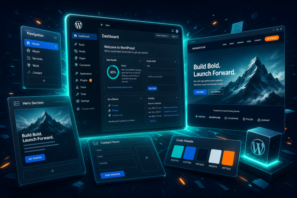 WordPress website design — a glowing WordPress dashboard and live site preview surrounded by floating page components being assembled on a dark navy background