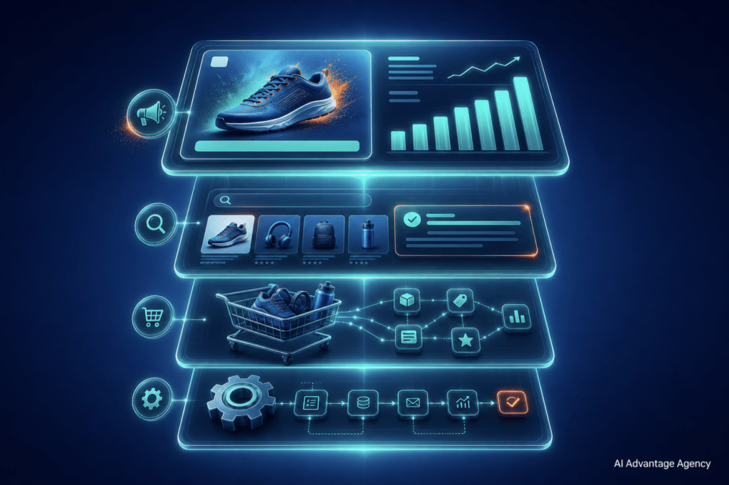 Using AI for ecommerce — four stacked glowing platform panels representing ad delivery, AEO citations, agentic commerce, and workflow automation on a medium blue background