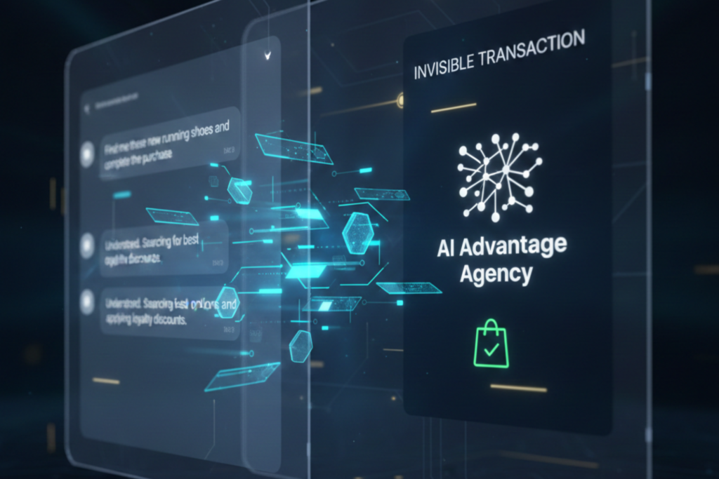 Infographic of Google Universal Commerce Protocol showing an invisible AI agent transaction for a retail store