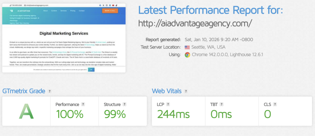 Performance audit showing 244ms load time for AEO vs GEO content