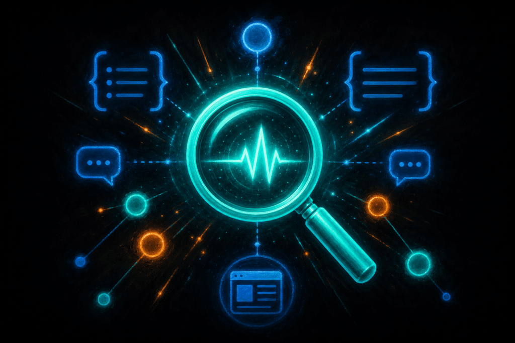 How to improve ChatGPT search visibility — a glowing teal magnifying glass revealing a citation signal pulse, representing a business being found and cited in ChatGPT search results in 2026