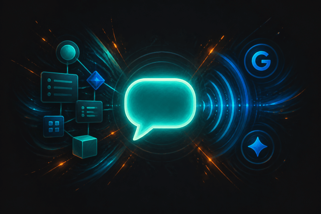 Answer engine optimization illustration — glowing teal speech bubble with schema blocks and AI citation signal waves on dark background