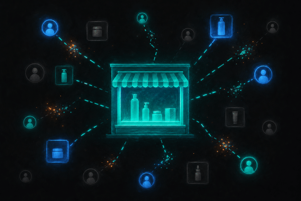 A glowing teal storefront with fragmented ad signal lines radiating outward on a dark navy background, suggesting broken ad delivery and depicting facebook ads not working