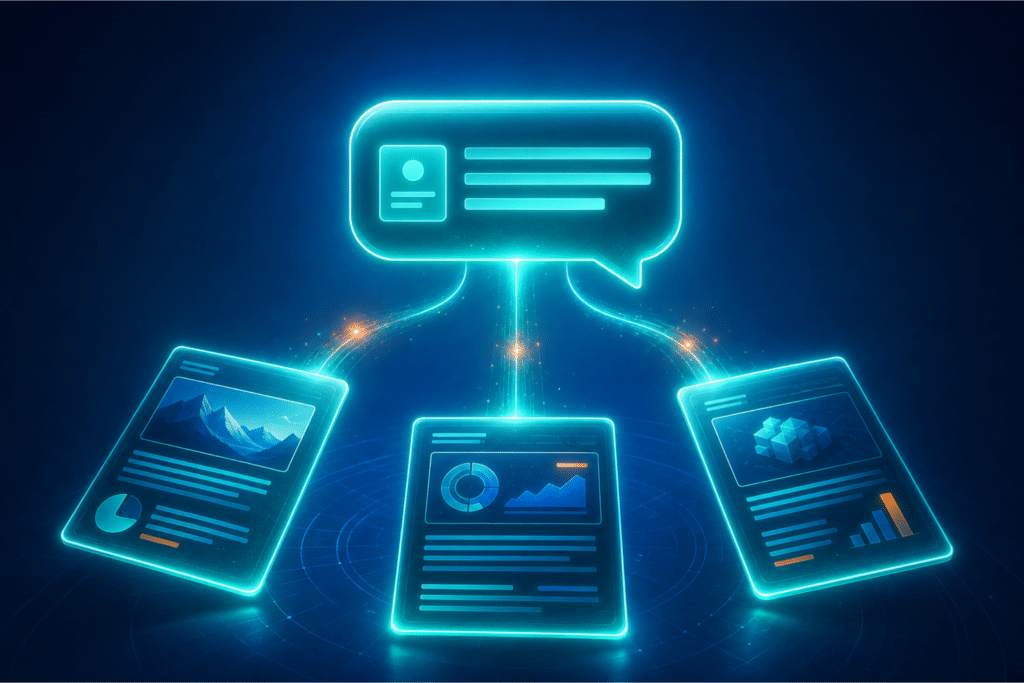 How to show up in ChatGPT — a glowing chat bubble connected by luminous lines to floating source document cards on a medium blue background