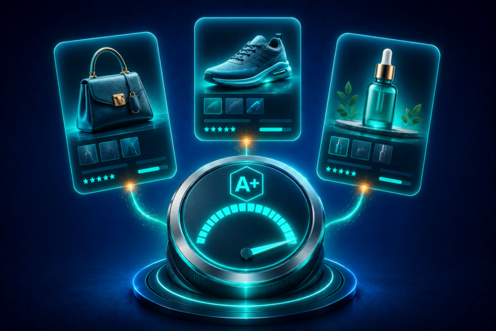 Meta Advantage+ — a glowing teal autopilot dial with an A+ badge connected to three ecommerce product cards representing automated ad delivery and campaign optimization