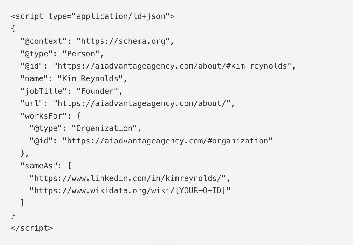 Person schema markup example for knowledge graph optimization
