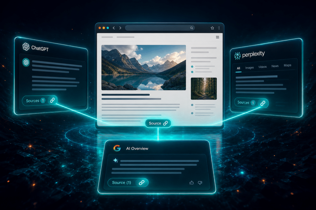 How to Get Your Website Cited by AI — a browser article window surrounded by glowing ChatGPT, Perplexity, and Google AI Overview panels citing it as a source