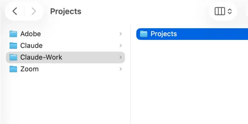 File picker showing Projects subfolder selected inside Claude-Work folder when creating a new Claude Cowork project