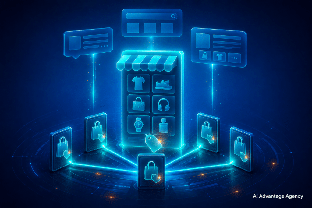 AEO content strategy for ecommerce — glowing storefront product grid connected to spoke product cards with shopping b