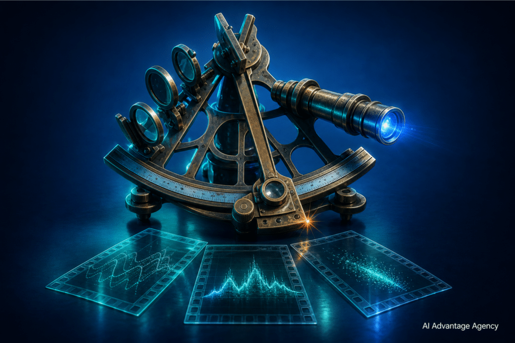AI ads attribution — vintage sextant with three film negative signal panels fanned out in front of it, glowing teal on a blue gradient background