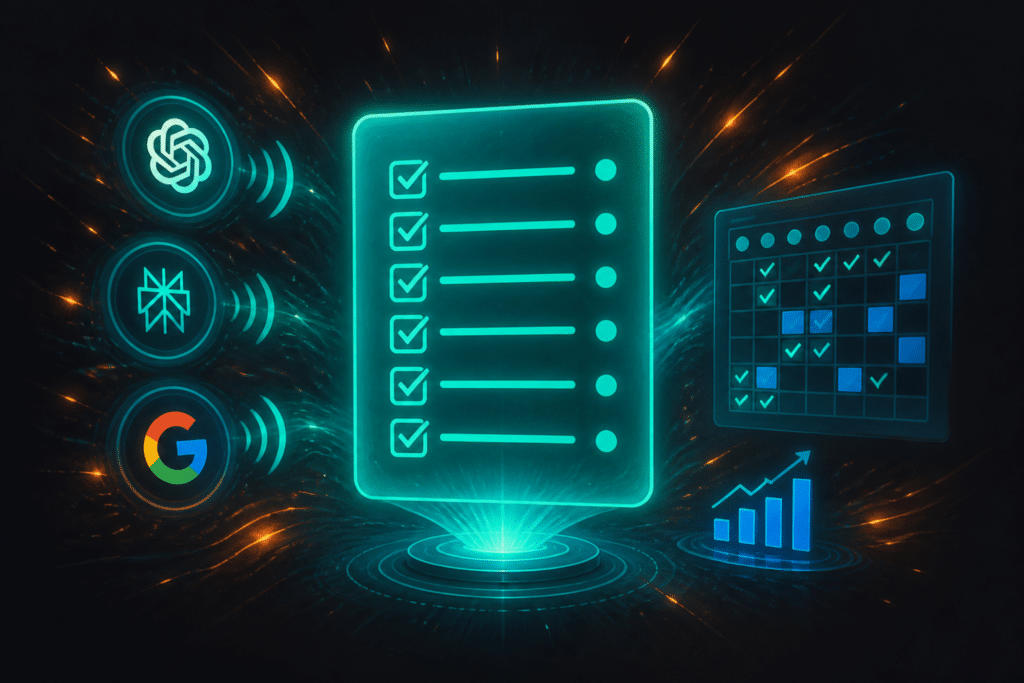 AI recommendations for ecommerce brands — checklist and tracking sheet showing brand visibility audit process on dark background