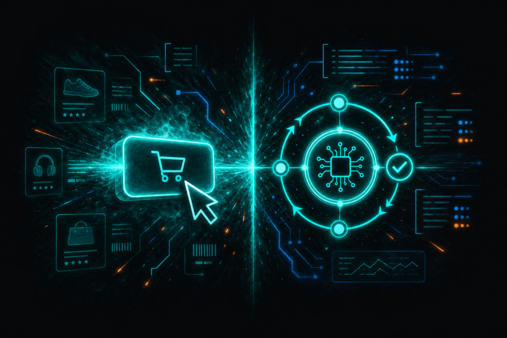 Agentic commerce vs AI shopping — a split visual showing a cursor completing an AI-assisted purchase on the left and an autonomous agent transaction loop on the right, illustrating the difference for ecommerce brands in 2026