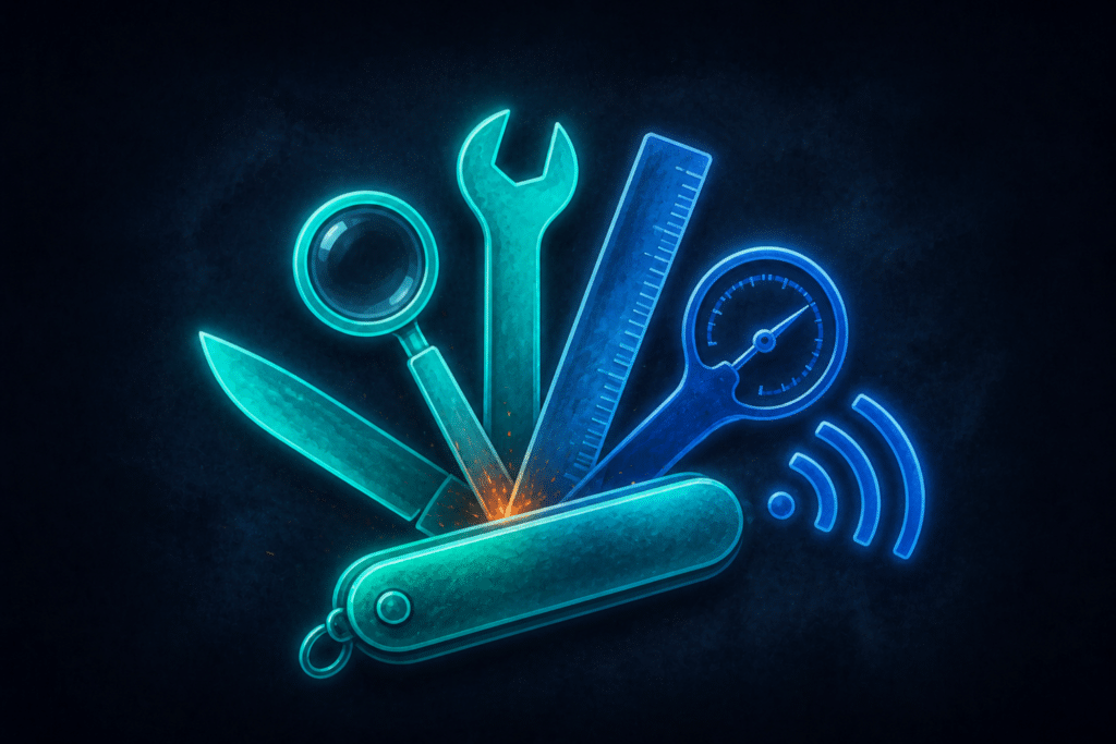 Best AEO tools for ecommerce — a glowing illustrated Swiss Army knife with multiple tools fanned open representing a curated ranked toolkit for citation tracking, schema markup, and AI visibility