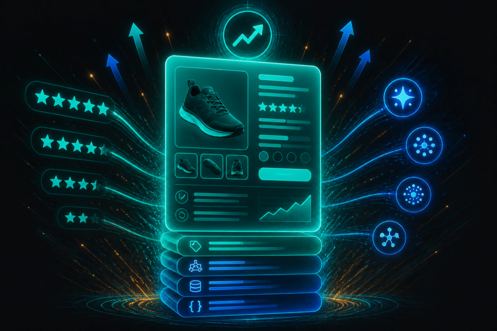 Ecommerce product page SEO illustration — glowing teal product listing card with schema markup layers and ranking signals radiating outward on dark background