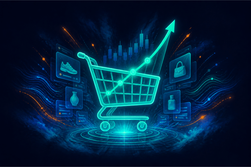 Ecommerce SEO strategy illustration — glowing teal shopping cart with schema blocks and organic growth signals on dark navy background