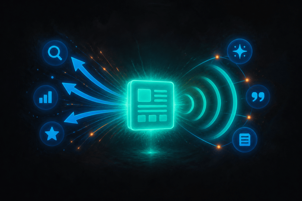 Ecommerce SEO and AEO illustration — glowing teal split signal showing Google ranking arrows and AI citation waves converging on a single content block on dark background