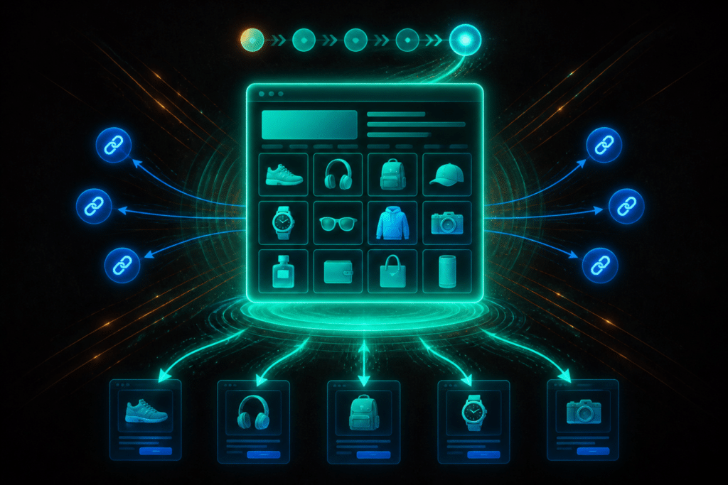 Ecommerce category page SEO illustration — glowing teal category grid with ranking signals and internal link structure radiating outward on dark background