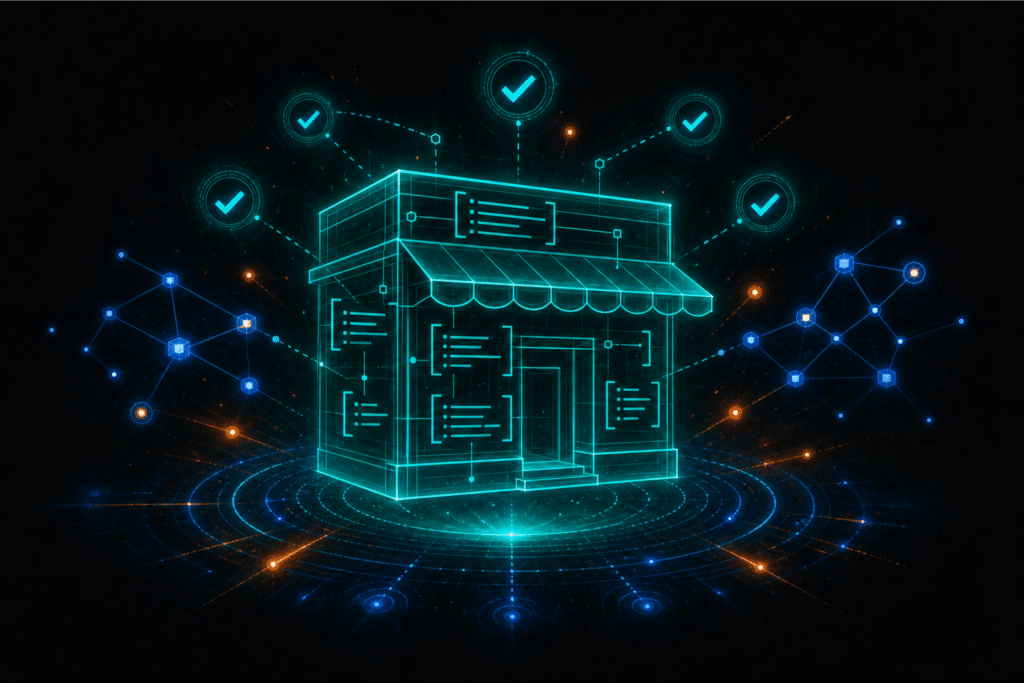 Ecommerce website design for agentic commerce — a glowing teal wireframe store stripped to its schema and data structure, representing what AI agents actually evaluate when selecting a merchant.