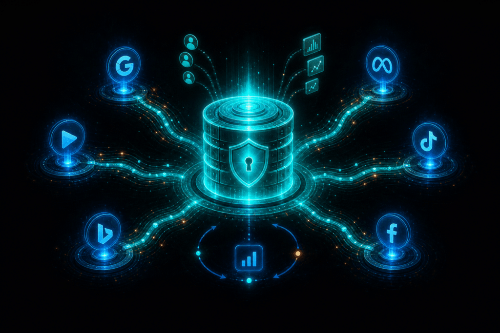First-party data strategy for AI advertising — data vault structure feeding clean signals to multiple AI ad platform nodes