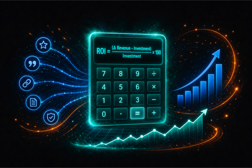 How to calculate AEO ROI for ecommerce brands — formula and tracking template on dark background