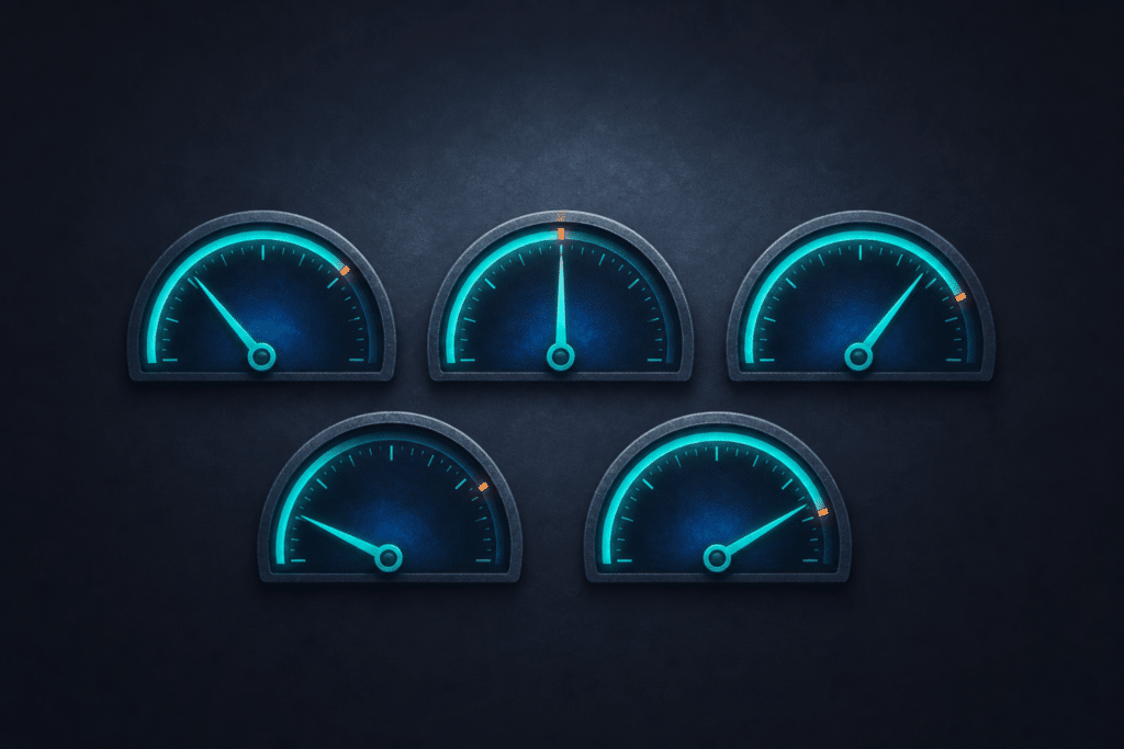 How to measure AEO performance — five semi-circular gauge dials representing citation rate, share of voice, platform coverage, AI referral traffic, and monthly scorecard metrics for ecommerce brands