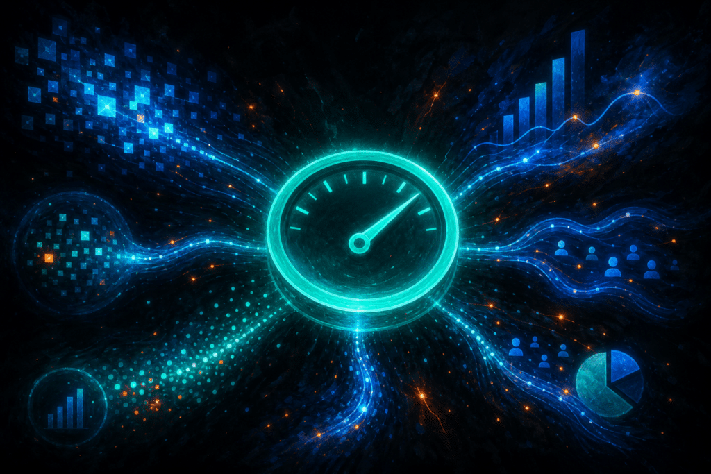 Measure TikTok ads glowing teal analytics gauge with multi-source attribution data streams and pixel signals converging