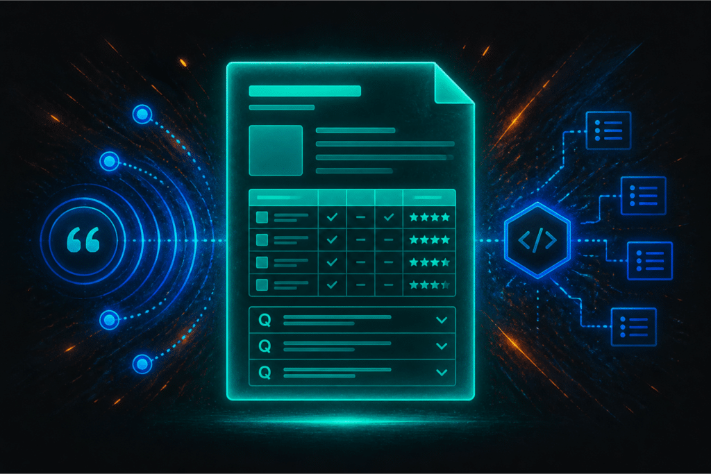 How to write an ecommerce buying guide for AI search citations — comparison table and FAQ schema template on dark background
