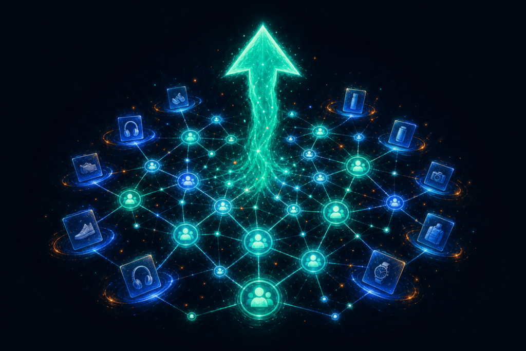 Reddit ads for ecommerce illustrated as a glowing teal upvote arrow rising from a dark background with electric blue community signal rings radiating outward