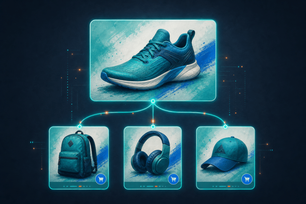 Reddit Collection Ads for ecommerce — a hero product card connected to three shoppable product tile cards representing the collection ad format that outperforms standard dynamic product ads
