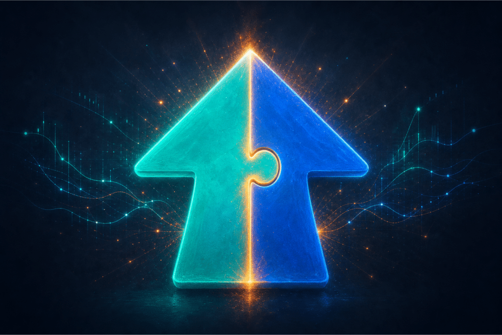 Reddit organic and paid strategy for ecommerce — two puzzle pieces in teal and blue connecting to form an upvote arrow, representing how community presence and Reddit ads combine to amplify results
