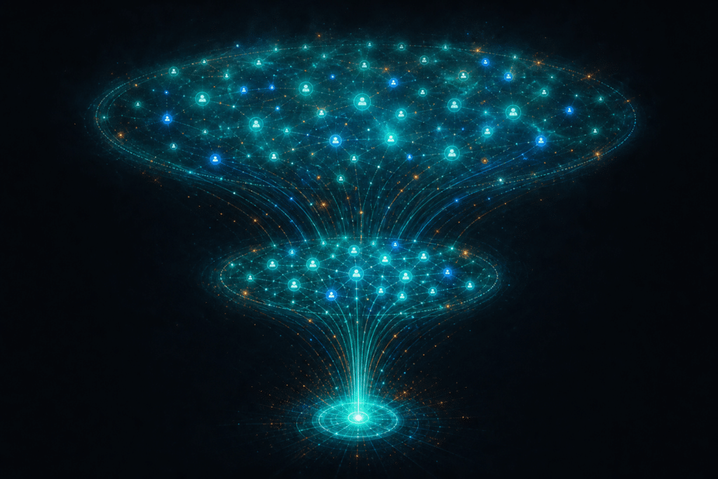Subreddit targeting for ecommerce ads illustrated as a glowing teal bullseye surrounded by blue community rings on a dark background with orange signal sparks at the edges