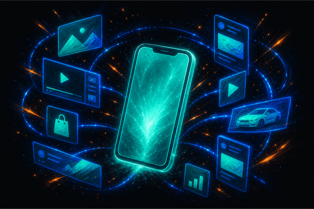 TikTok ad creative glowing teal smartphone with layered creative format signals and engagement arcs radiating outward