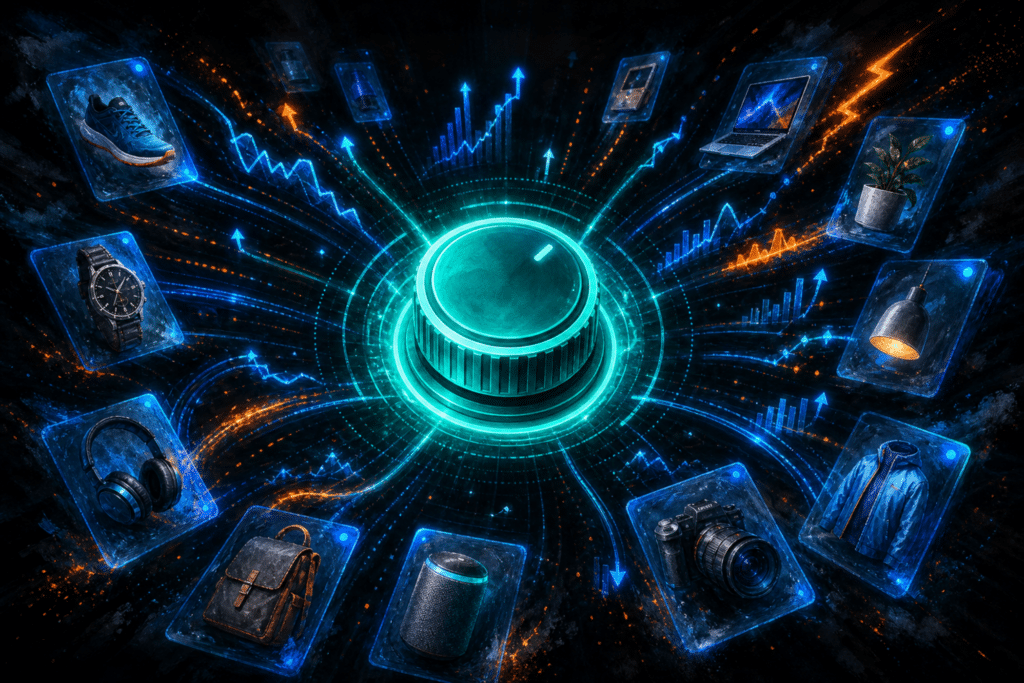 TikTok GMV Max glowing teal automation dial surrounded by catalog product tiles and bidding signal arcs