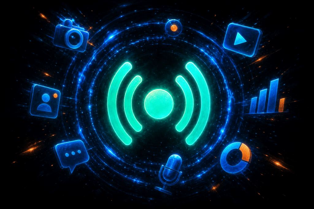TikTok LIVE shopping glowing teal broadcast icon with real-time signal rings and product tags orbiting outward