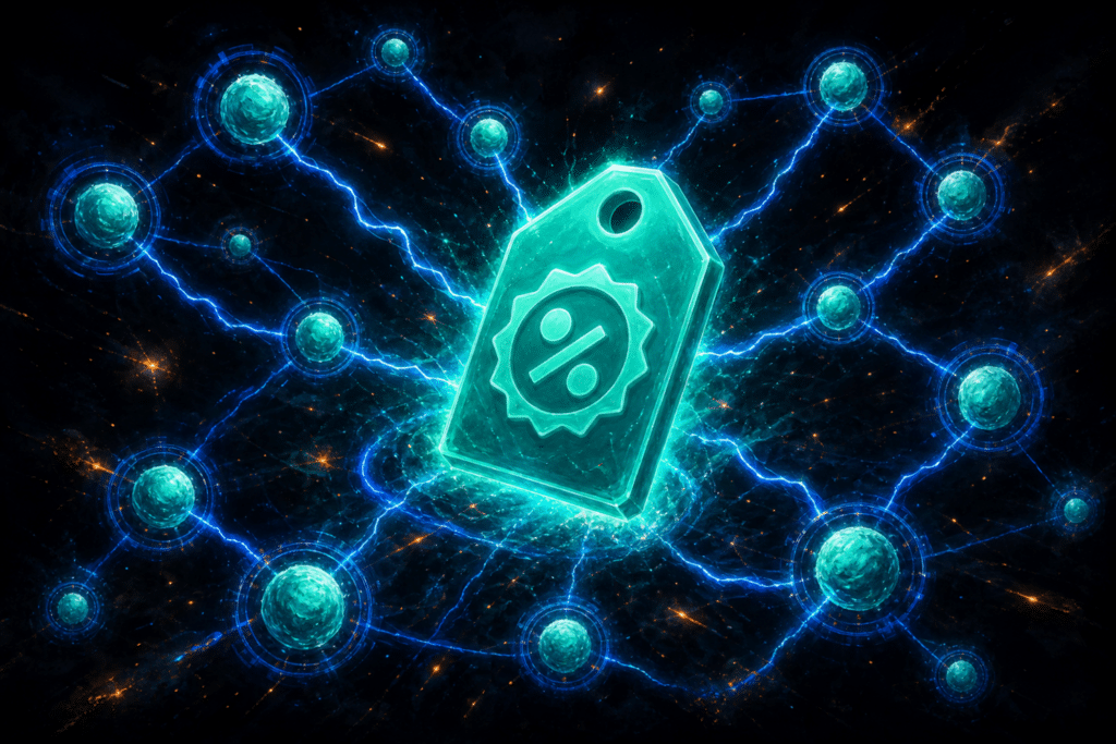 TikTok Shop affiliate program glowing teal commission tag with creator network nodes connected by electric blue lines