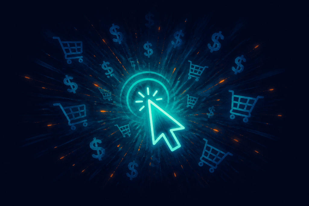 Glowing teal cursor click icon surrounded by fading dollar signs and empty shopping carts representing the disconnect between why Facebook ads clicks do not convert to ecommerce conversions