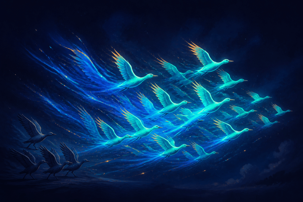 WooCommerce to Shopify migration — glowing teal birds in formation taking flight while grounded birds wait below