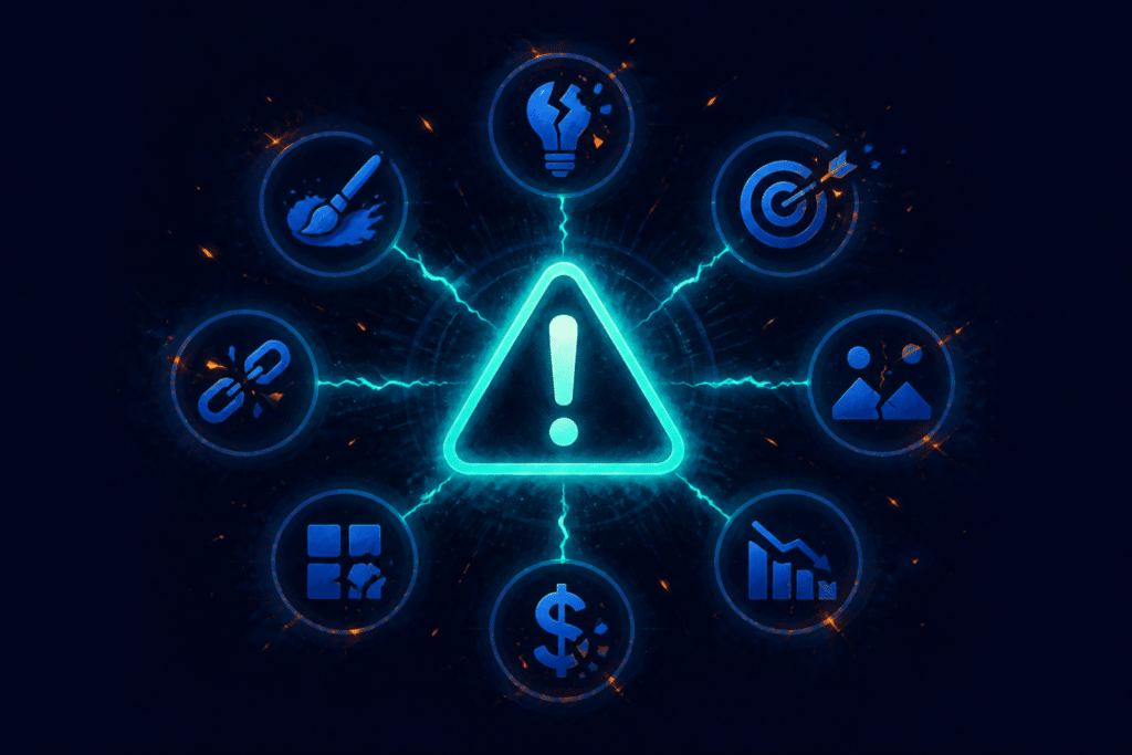 Glowing teal warning signal icon surrounded by seven alert indicators representing the seven signs your Facebook ads creative strategy needs a reset