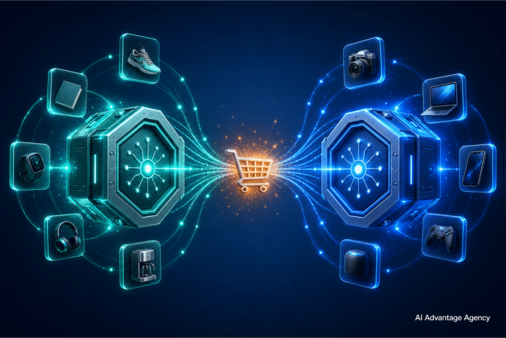 ACP vs UCP — two glowing API protocol nodes connected by data arcs converging at a shopping cart representing the two agentic commerce protocols for ecommerce brands
