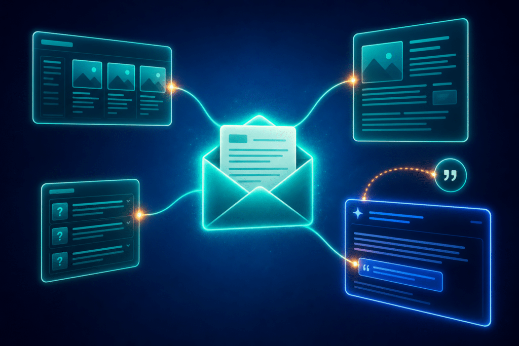 Email AEO for ecommerce — email panel connected to newsletter archive, blog post, FAQ schema, and AI citation panels on a medium blue background