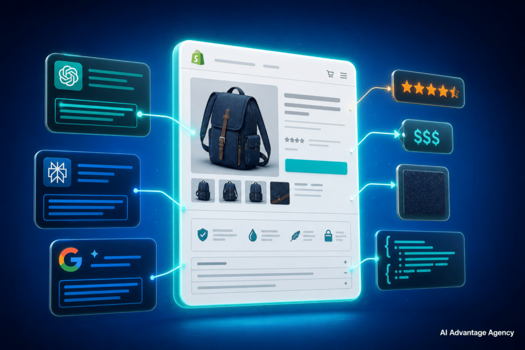 AEO for product pages — glowing Shopify product card with AI citation arrows from ChatGPT, Perplexity, and Google AI Overviews floating on a medium blue background