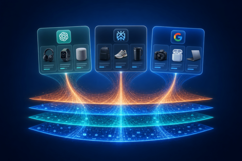 AI brand recommendations — three AI platform cards displaying product shortlists above four stacked signal layers representing structured data, third-party authority, live retrieval, and training knowledge on a blue gradient background