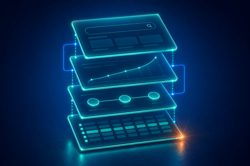 AI citation attribution — four glowing stacked data panels representing measurement layers including a search bar, branded search curve, conversion path, and session grid on a blue radial gradient background