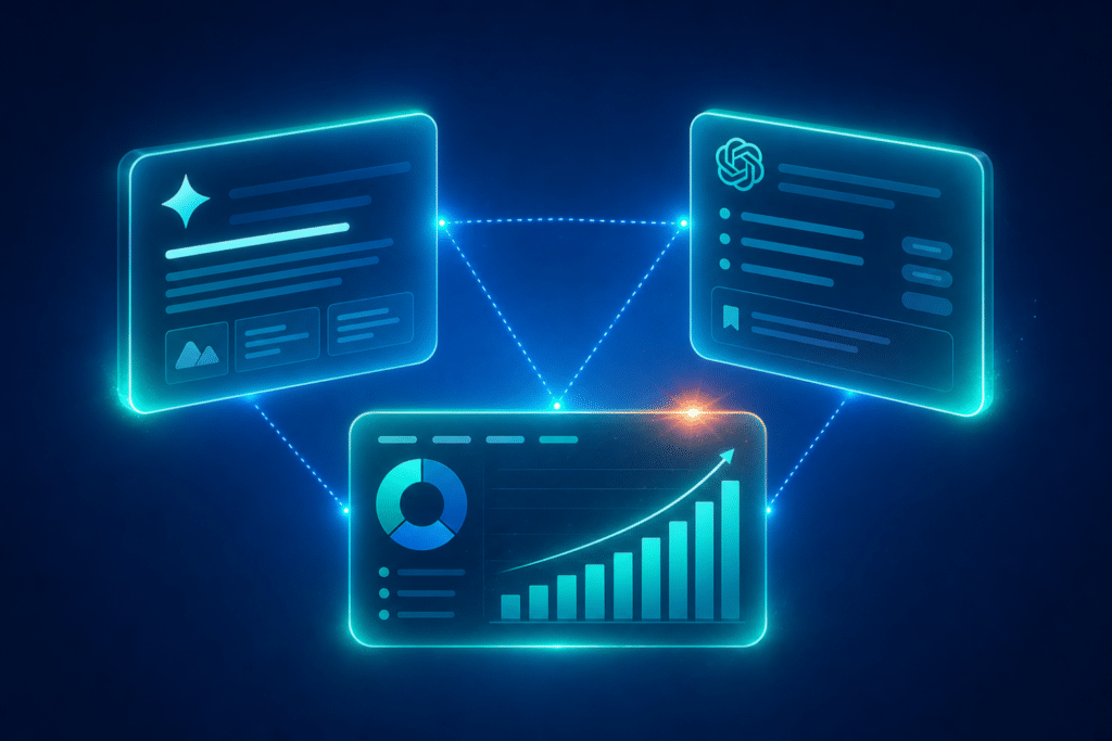 AI citation revenue — three glowing analytics panels showing an AI Overview card, ChatGPT citation window, and revenue dashboard connected by teal dotted lines on a blue background