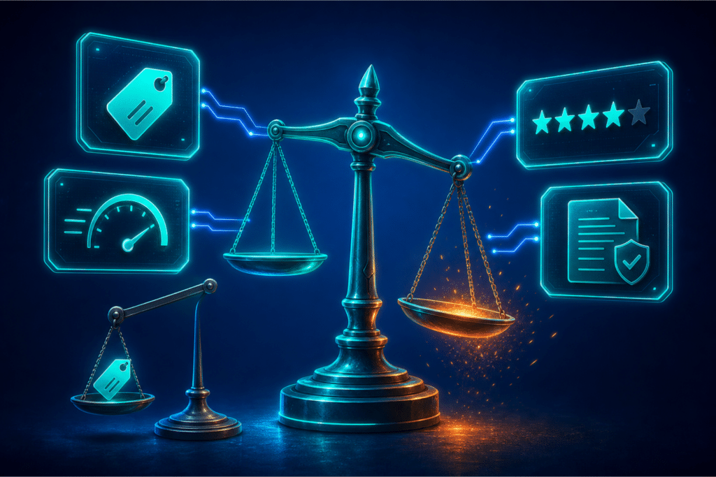 AI pricing comparisons — weighted balance scale evaluating price tag, review ratings, shipping speed, and return policy cards on a medium blue background
