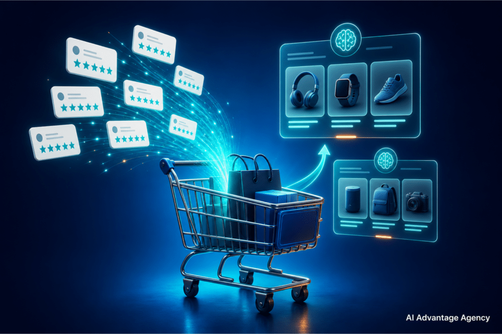 AI shopping recommendations — glowing star-rating review cards flowing into a shopping cart on a medium blue background