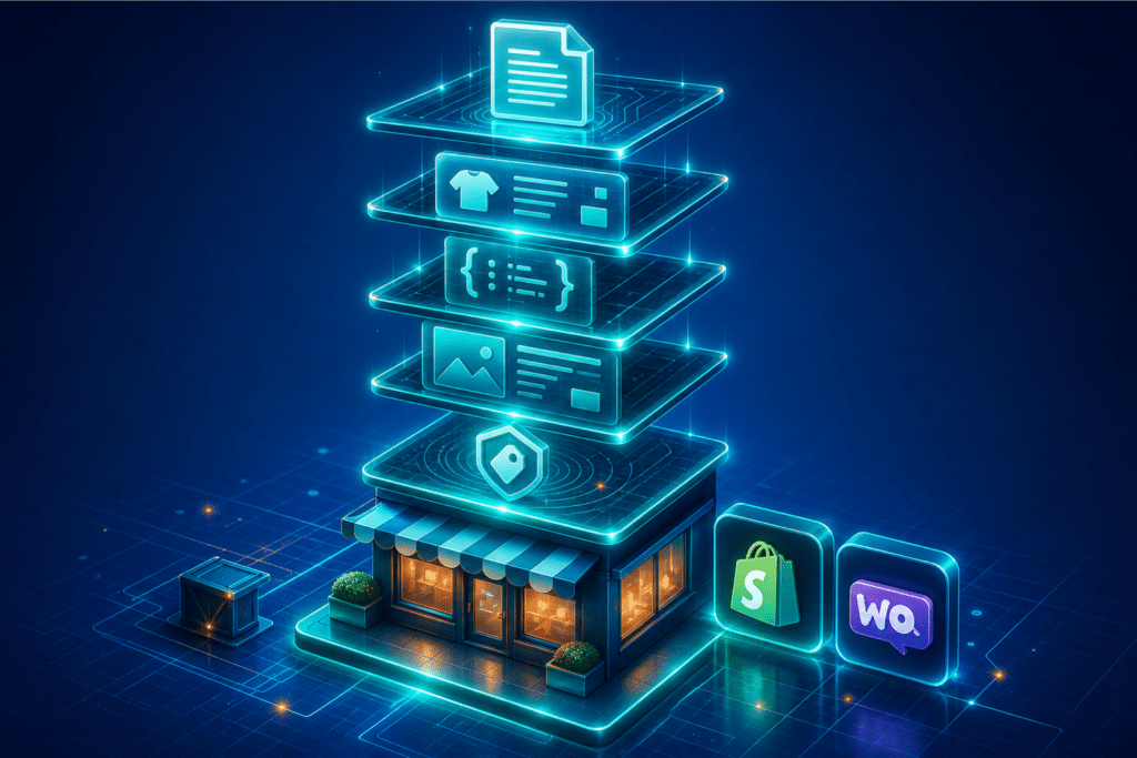 Agentic commerce readiness checklist — layered digital tiles representing technical, product, schema, content, and brand readiness stacked above a Shopify storefront on a medium blue background