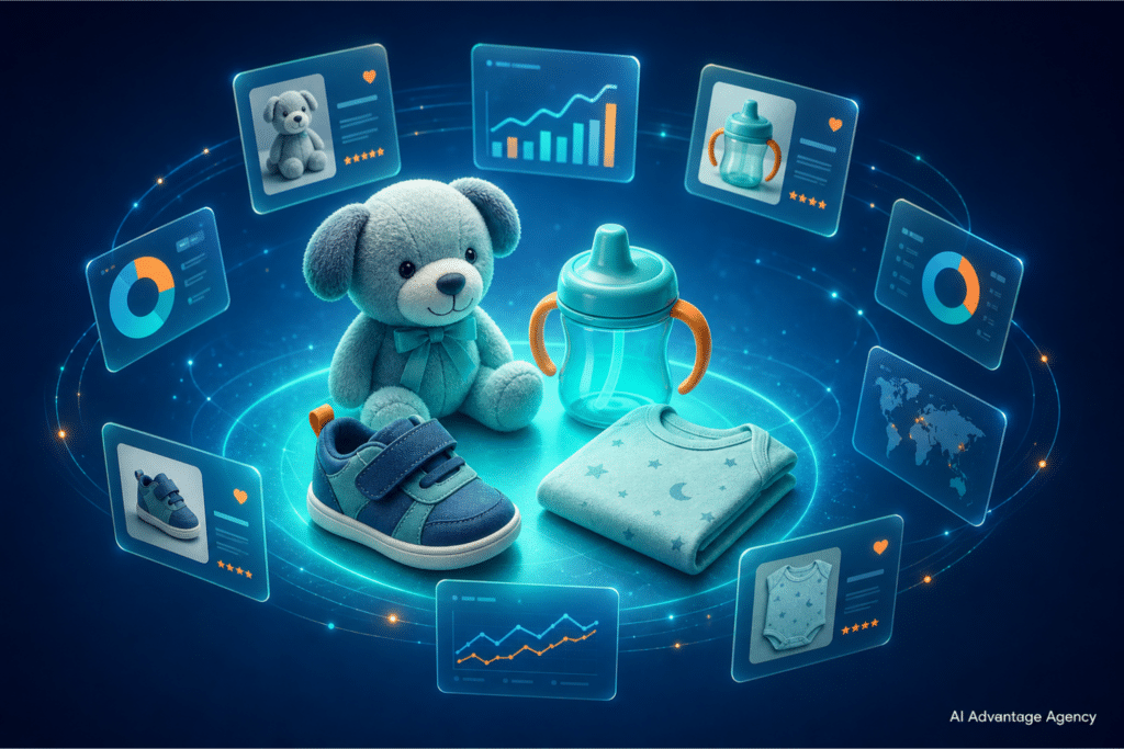 Baby ecommerce marketing — glowing baby products including a plush toy, sippy cup, and onesie with floating ad panels on a medium blue background