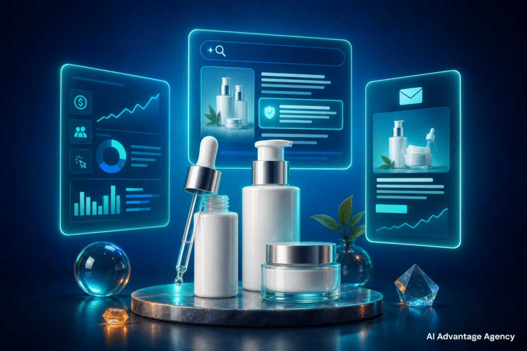 Beauty ecommerce marketing — skincare product bottles with glowing paid media, AEO content, and email campaign panels on a medium blue background